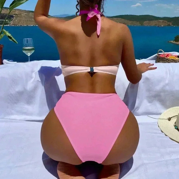 Pink Sexy Women's Beach Colorblock Cut-Out Halter One Piece Swimsuit - Picture 2 of 7